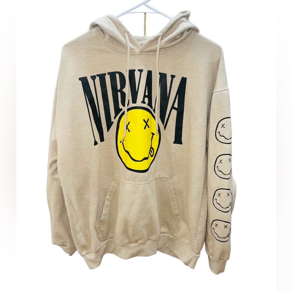 NIRVANA Beige Hoodie with Yellow Smiley and Black Logo